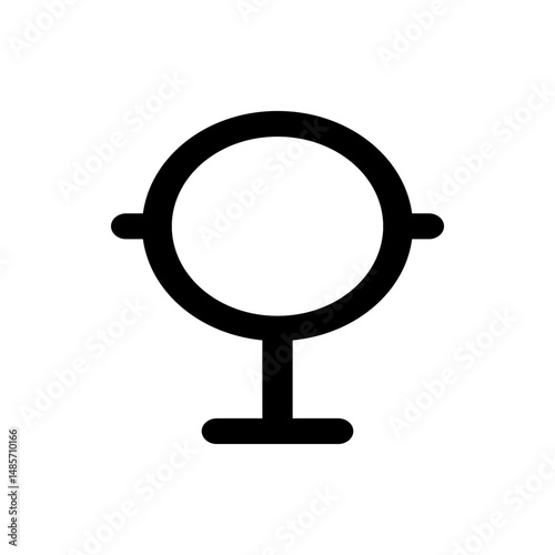 Illustration of a simple black vanity mirror with a round reflective surface and a short pedestal base design