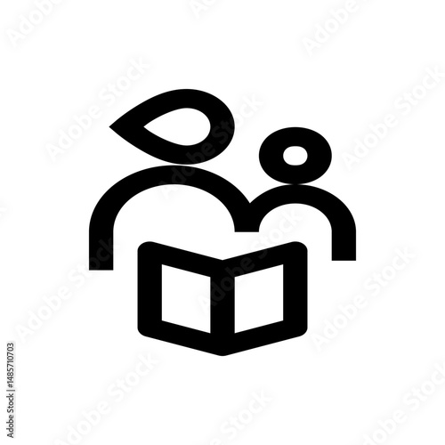 Illustration of two figures reading a book together in a simple black and white graphic style image design