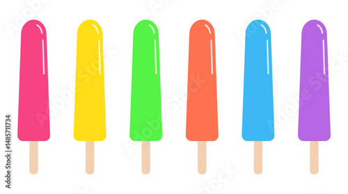 Set of colorful ice cream in pink, yellow, green, orange, blue,  purple.Popsicle sticks collection isolated on white background.Vector graphic illustration.Summer element. 