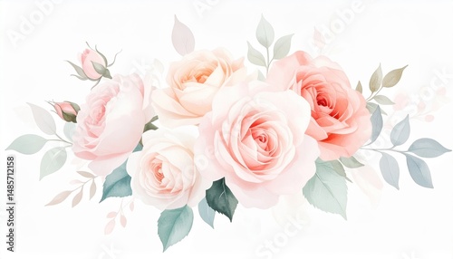 Delicate Watercolor Roses Floral Arrangement Soft Pink Peach Blossoms Botanical Illustration