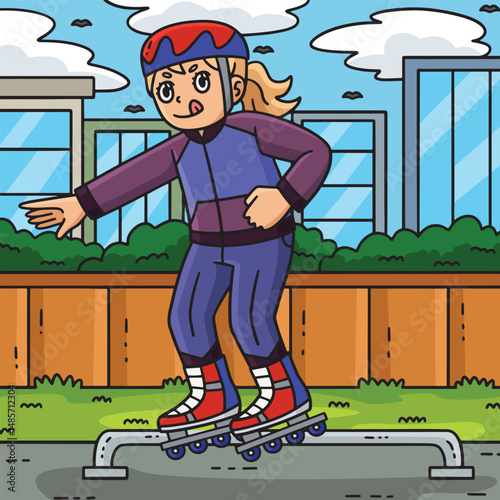 Female Inline Skater Grinding on the Rail Colored 