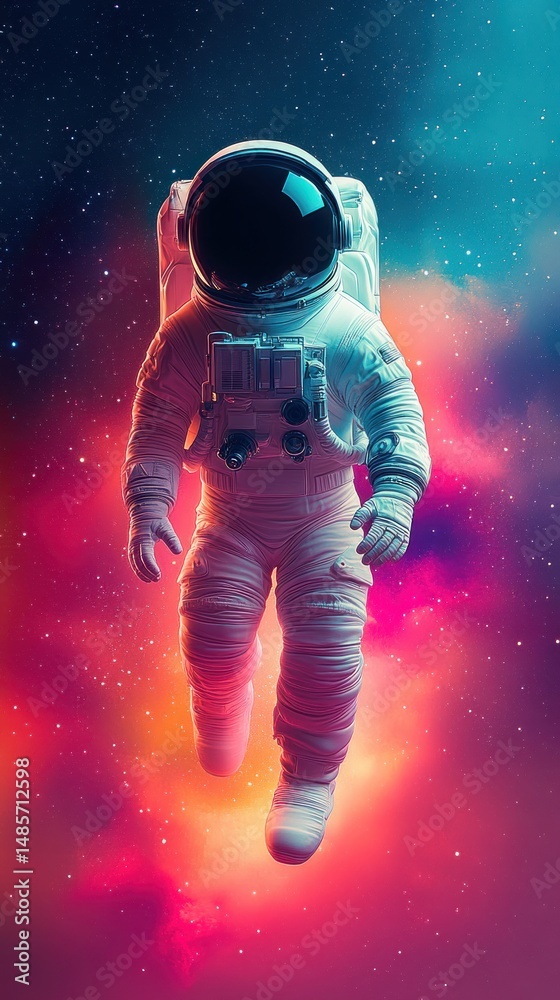 Fototapeta premium Astronaut floating in colorful space with glowing nebula and stars, evoking a sense of exploration and wonder