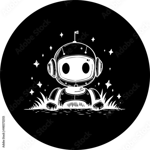 Whimsical astronaut robot amidst twinkling stars in a cosmic monochrome