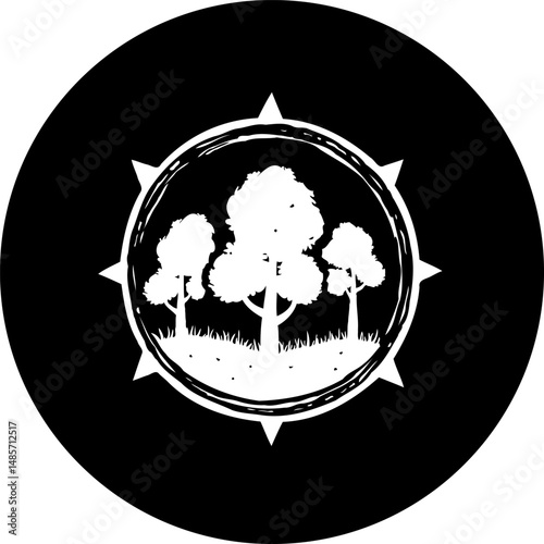 Minimalist arboreal design within compass emblem for outdoor exploration concept