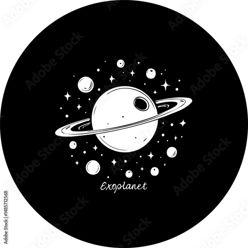 Elegant monochrome illustration of an exoplanet amidst celestial sparkles