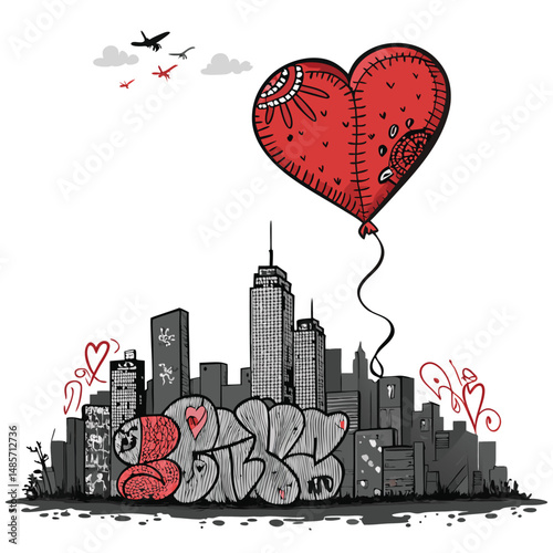 A vibrant, patched-up heart-shaped balloon ascends above a gritty urban backdrop of graffiti-covered walls and buildings.
