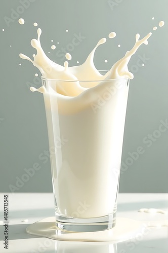 Fresh milk splashing out of a glass on a tabletop showing dairy products