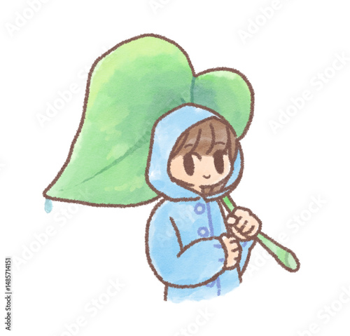 葉っぱの傘をさしている人のイラスト