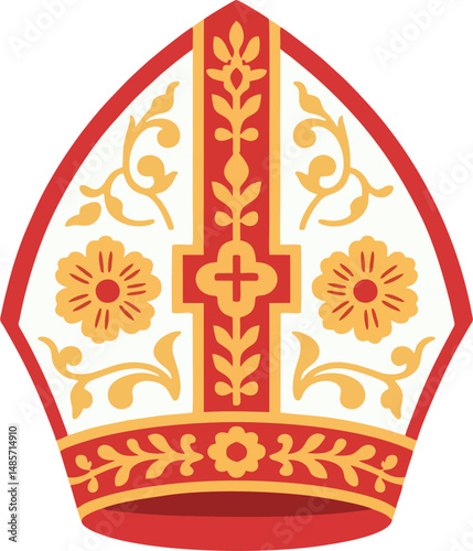 Flat Vector Illustration of Papal Mitre with Red Cross and Floral Pattern – Catholic Bishop Hat Clipart on White Background