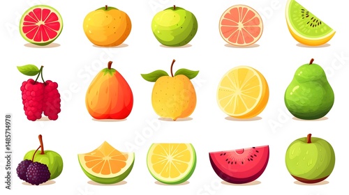 Colorful Fruit Set Cartoon Vector Illustration on White Background for Designs