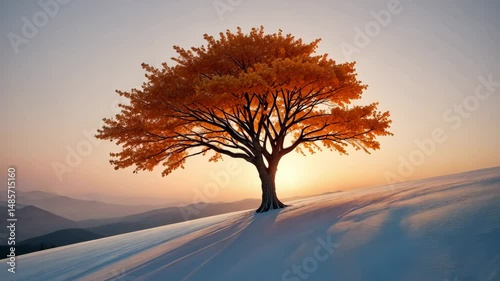 A lone orange tree with full leaves standing on white snowy land under pastel sky, expressing beauty of contrast, isolation and seasonal calmness
