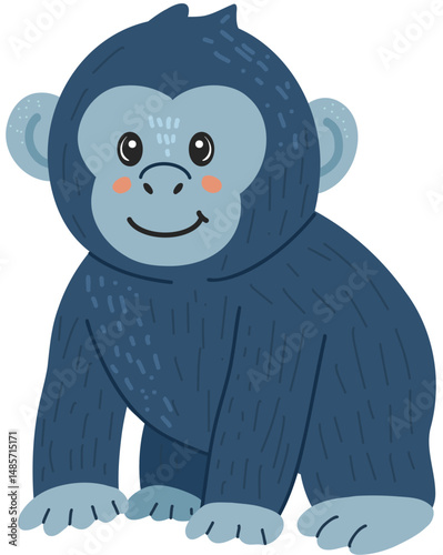 Gorilla, wild jungle animals in hand drawn, doodle style. Suitable for kids books, animal themed content and educational materials. White background.