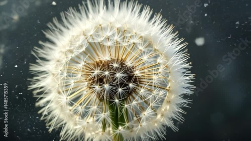 Close-up of a dandelion puff with seeds about to fly, captured in detailed focus against dark background, symbolizing dreams, nature and life cycle in soft visual concept