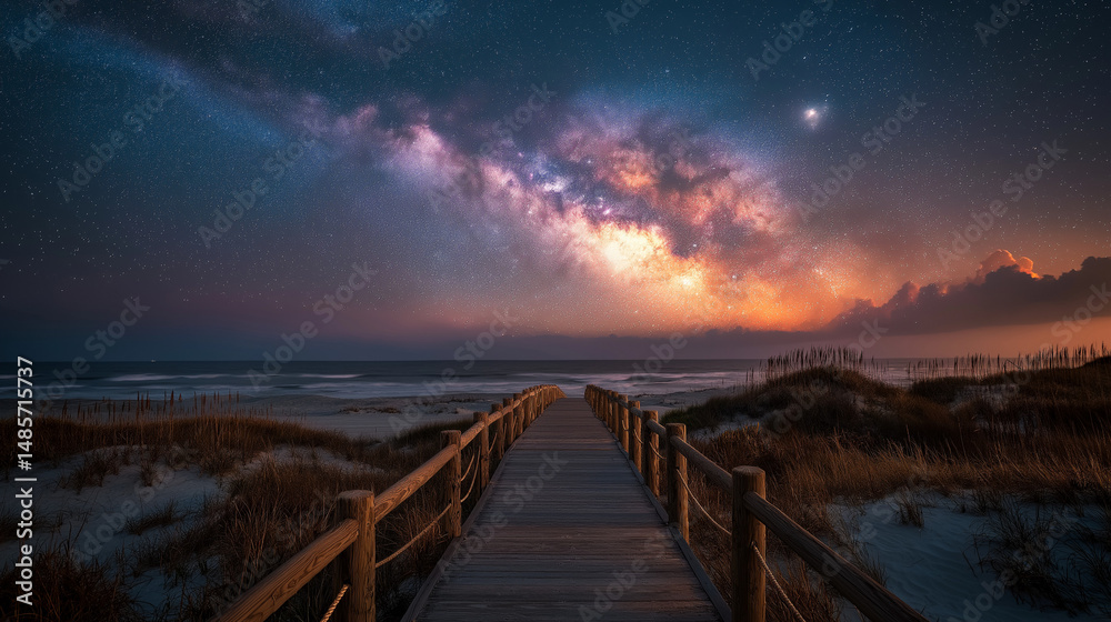 Obraz premium A wooden boardwalk stretches across the sandy beach at night