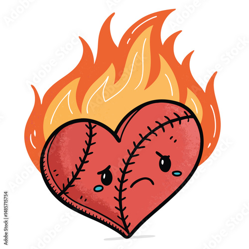 A distressed, stitched-up heart engulfed in flames, featuring a miniature, sorrowful face.  The image should evoke feelings of heartbreak and resilience.