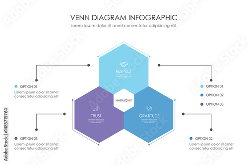 Venn diagram infographic chart template for business 3, 4, 6 parts, options, presentation with venn diagram elements vector illustration.