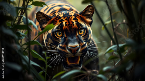 Panicked eyes flash with fear as a panther spots its prey in the underbrush, surprise, ambush