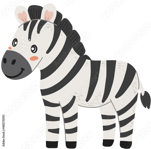 Zebra wild animal in hand drawn, doodle style. Suitable for kids books, animal themes, and safari designs. White background.