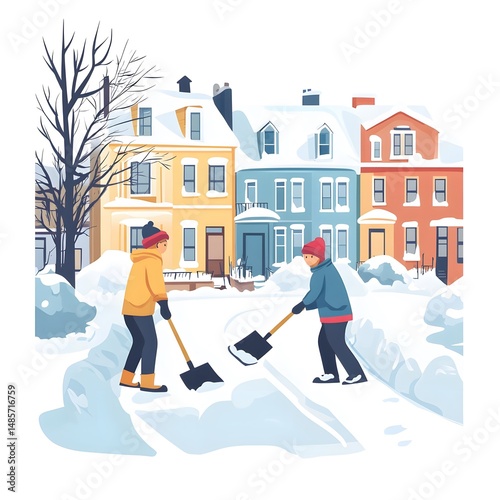 Colorful Vector Illustration of People Shoveling Snow for Winter Activities Promotion
