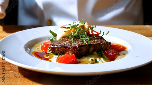 Wallpaper Mural Professional chef finishing gourmet beef steak with fresh tomatoes, herbs, creamy sauce, plating dish on white restaurant plate with culinary precision Torontodigital.ca