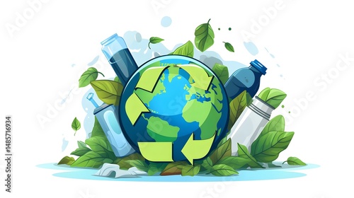 Environmental sustainability concept with recycling symbol on planet, trash can, and leaves