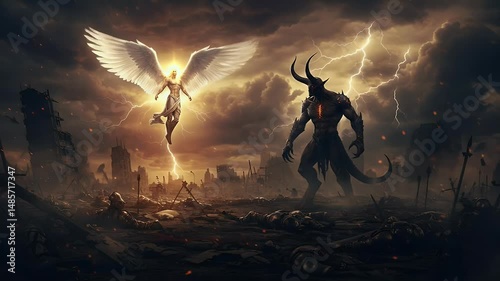 Flying Angel Confronting Monster in Stormy Landscape Scene