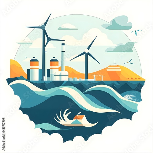 Illustration of Tidal Power Ocean Renewable Energy in Flat Vector Design