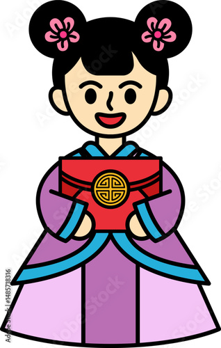 Chinese girl in traditional dress holding ang pao