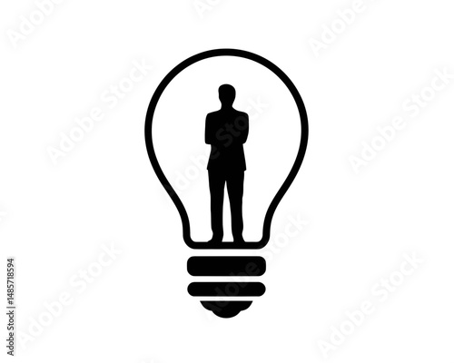 A silhouette of a person stands prominently inside a light bulb, symbolizing the concept of ideas and innovation.