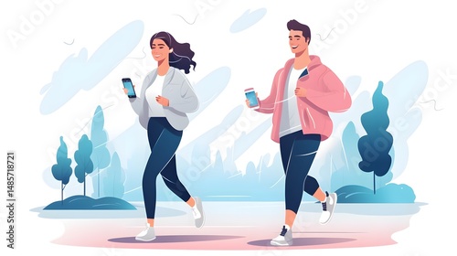 Professional Female with Smartphone and Man Walking for Healthy Lifestyle Concept