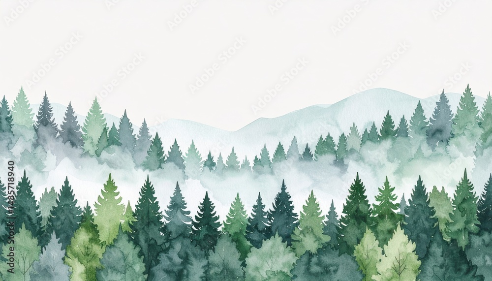 Fototapeta premium Misty Mountain Forest Watercolor Painting Serene Green Pine Trees Landscape