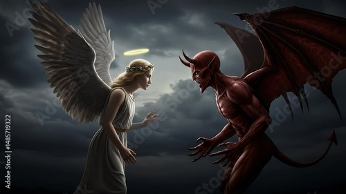 Standing Face to Face Against Devilish Creature Under Cloudy Sky