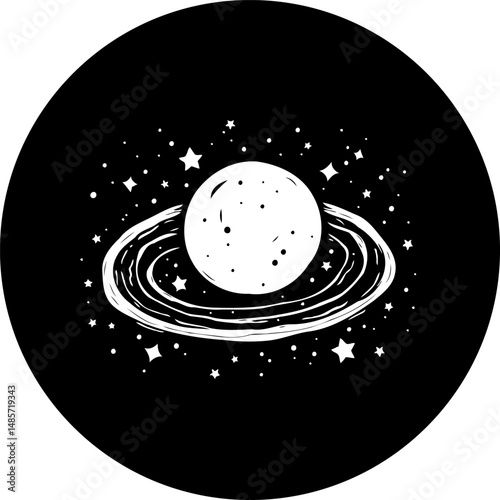 Minimalist celestial sphere illustration with planet, rings and radiant stars
