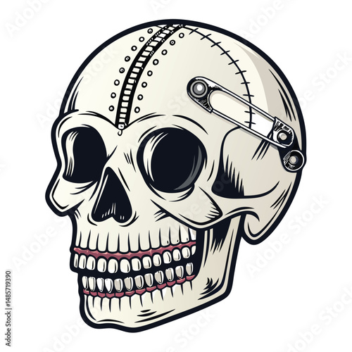 A detailed illustration of a stitched-up human skull with a zippered mouth and a safety pin piercing the forehead.  Focus on intricate stitching and textures.