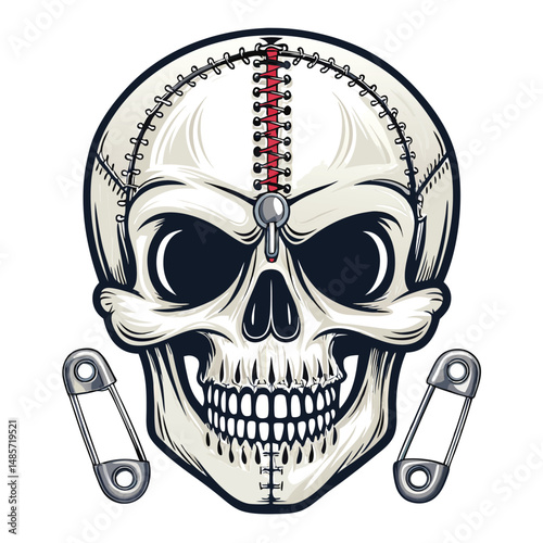 A detailed rendering of a stitched-up human skull, featuring a zippered mouth and a safety pin detail.  Focus on intricate stitching and texture.