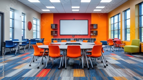 Vibrant, modern classroom with colorful furniture and a large screen