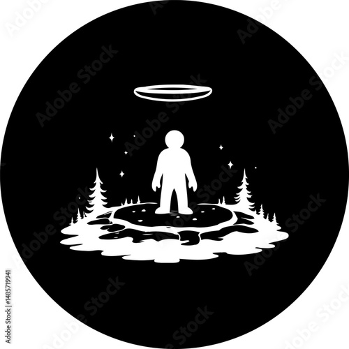 Abstract representation of enlightenment, a solitary figure bathed in celestial glow