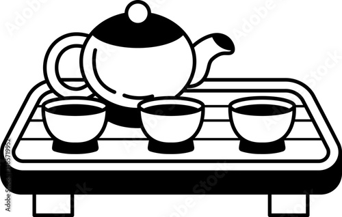 isolate black and white illustration of chinese tea pot set
