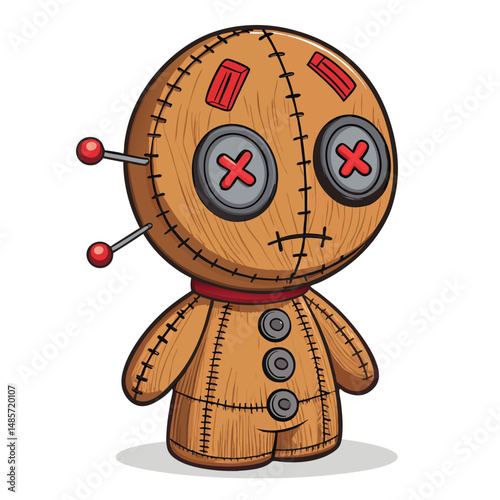 Close-up of a handcrafted voodoo doll head, meticulously stitched, featuring button eyes and a textured fabric surface.