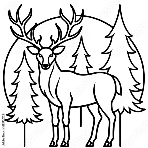 Stag in the Woods Line Art