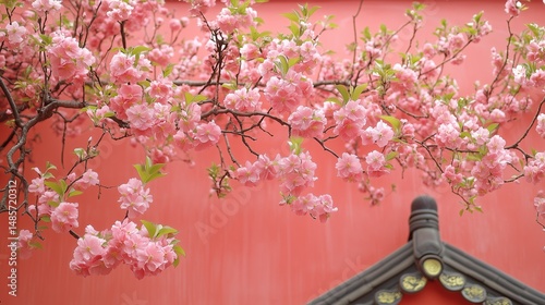 Chinese Red Wall & Cherry Blossoms Harmony with Traditional Eaves Details, 16:9 Composition for Cultural Tourism/Branding/Inn Design, Warm Pink Spring Aesthetics
 photo