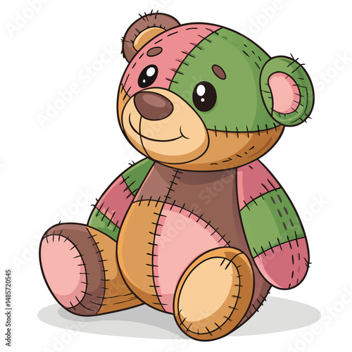 A whimsical patchwork stuffed animal, crafted from mismatched fabric scraps, showcasing visible stitching and unique texture.  The toy's design is playful and imperfect.