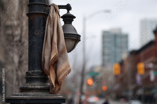 Scarf hangs from a corroded black lamppost on city street, light in background, urban environment with autumn scenery
