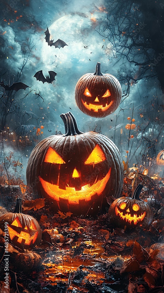 Naklejka premium Mystical Halloween Night Scene with Glowing Pumpkins and Bats Under the Moonlight