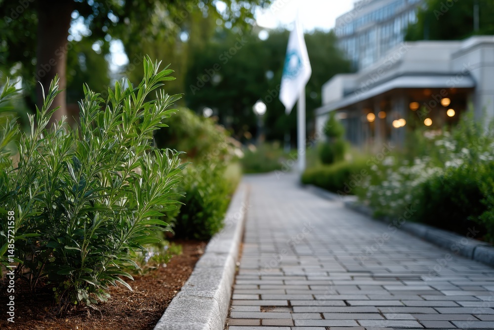 Fototapeta premium A beautifully manicured garden pathway lined with vibrant greenery, leading towards a building adorned with a flag, capturing the essence of nature in an urban setting.