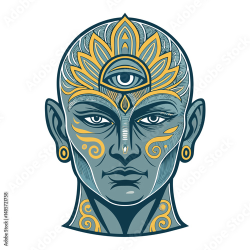 Create a detailed illustration of a mystic's head, featuring a third eye, intricate ancient tribal tattoos in gray tones, and a serene expression.