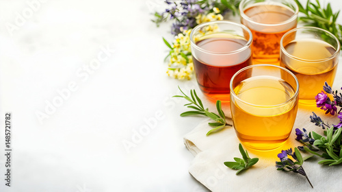 Four glasses of tea, and greenery are on a white backdrop. The drink is made of herbal infusions