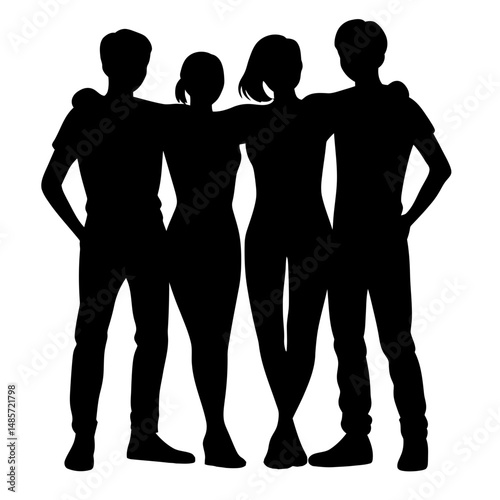 Silhouette of Four Friends Standing Together with Arms Around Each Other