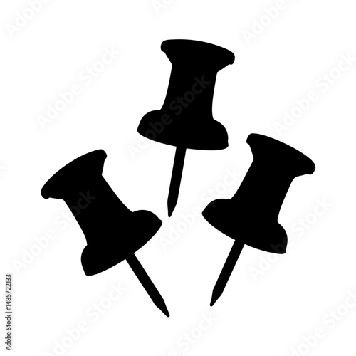 Black push pins vector graphic for bulletin boards and office supplies with sharp pin points design