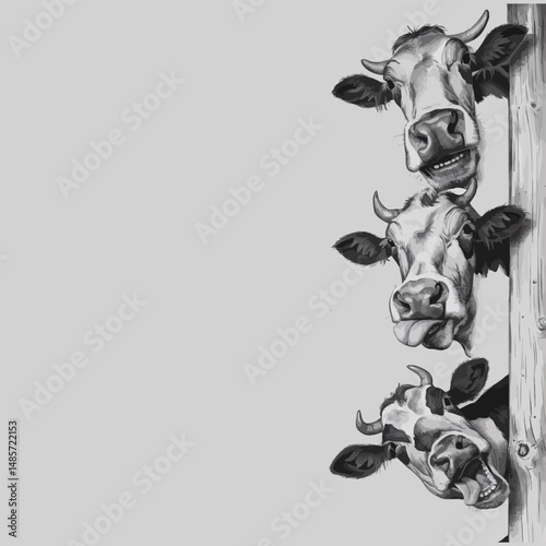 Humorous illustration of multiple cows peeking from the side, arranged vertically. Black and white drawing style adds rustic charm. Great for farmhouse decor, t-shirts, or funny animal designs.